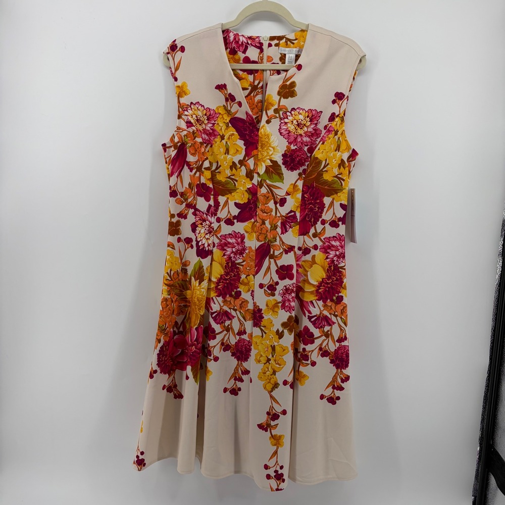London Times Floral Dress Cream Pink Women 12 Sleeveless Fit‎ Flare NEW
